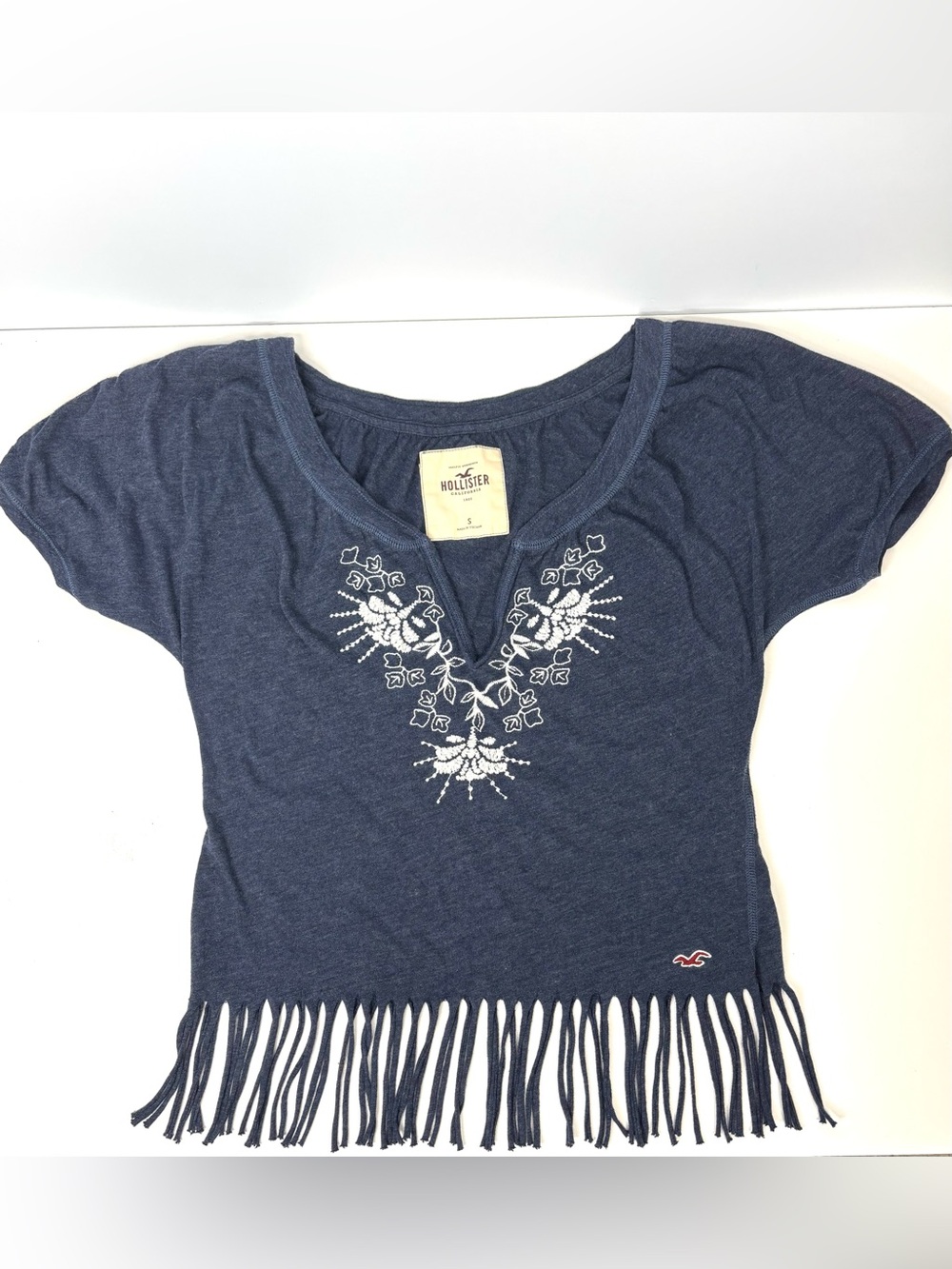 Hollister Navy Blue Short-Sleeve Festival Embroidered Fringe Boho Top SM